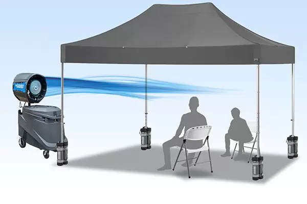 illustration of power breezer cooling under a tent outdoors